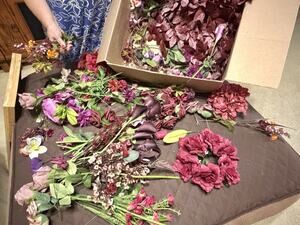 Large Lot / Box of Miscellaneous Artificial Silk Flowers - Burgundy Shades